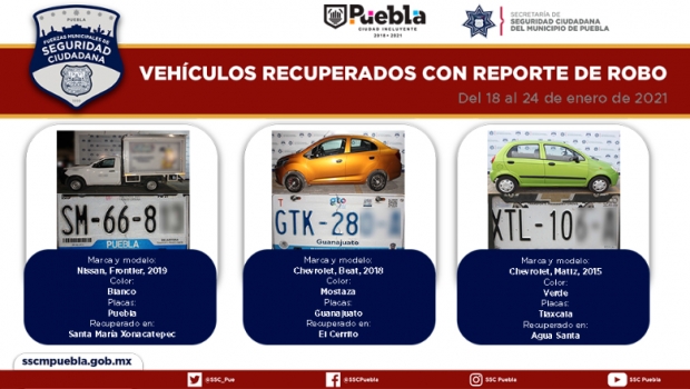 Recuperó Policía Municipal de Puebla seis vehículos con reporte de robo